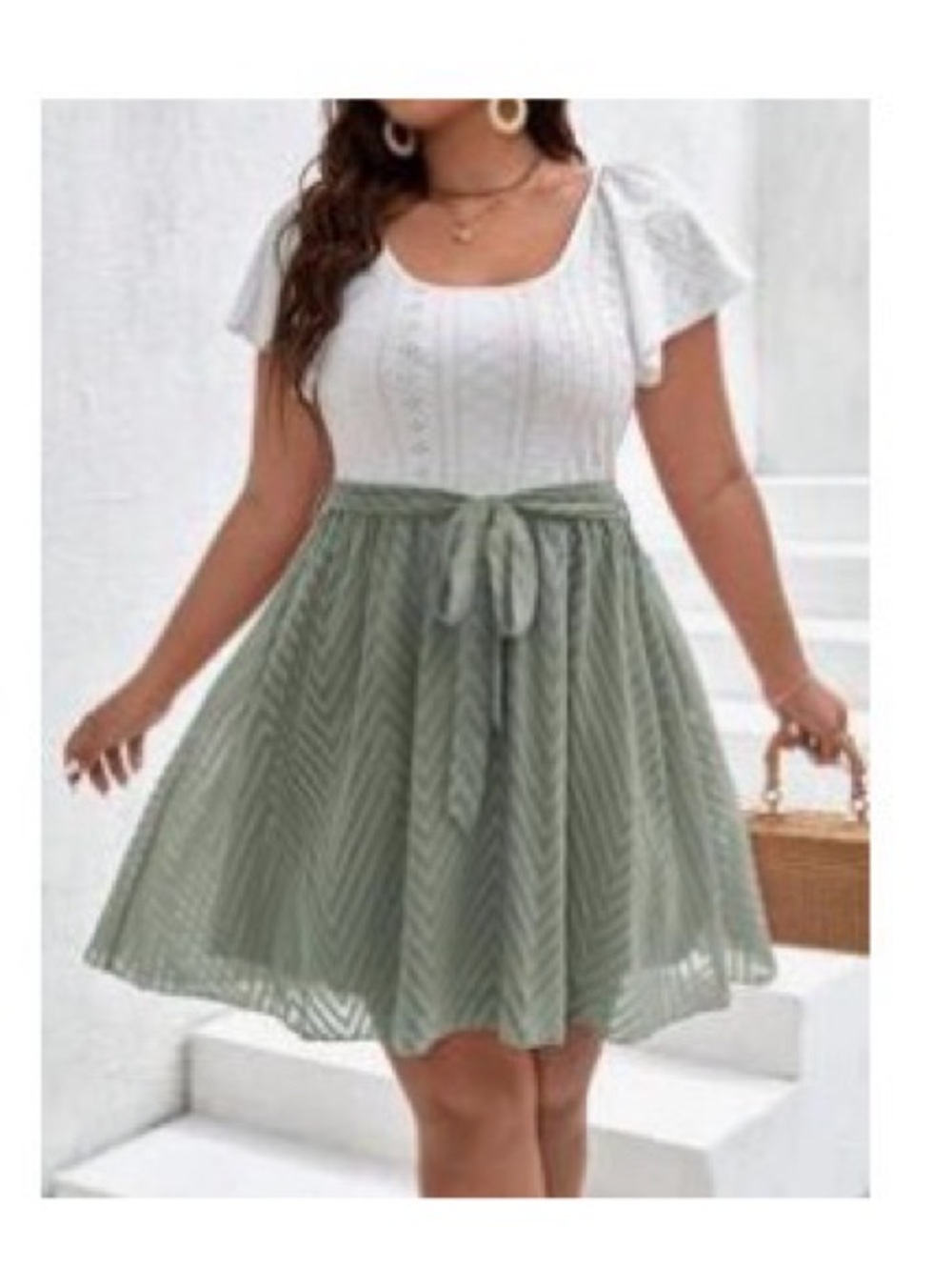 White Knit Top with Sage Green Tie-Waist Skirt Dress